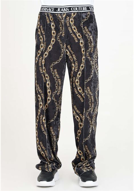 Men's black velvet sports trousers with Chromo Couture print VERSACE JEANS COUTURE | 77GAA323JS367G89